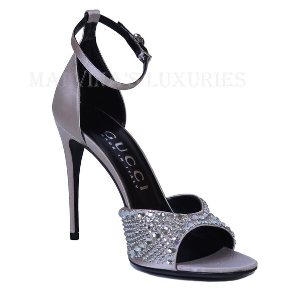 GUCCI SHOES CRYSTAL EMBELLISHED SATIN HIGH HEEL SANDALS sz 39 9 - Picture 6 of 15